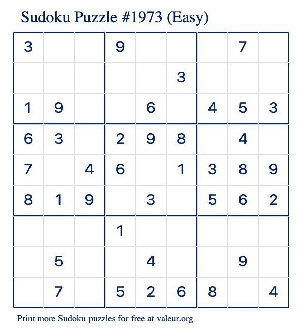 Free Printable Easy Sudoku Puzzle number 1973