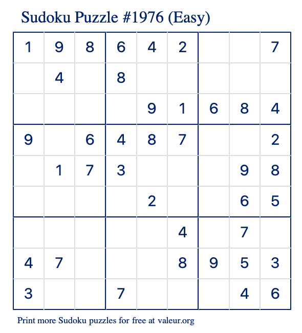 Free Printable Easy Sudoku Puzzle number 1976