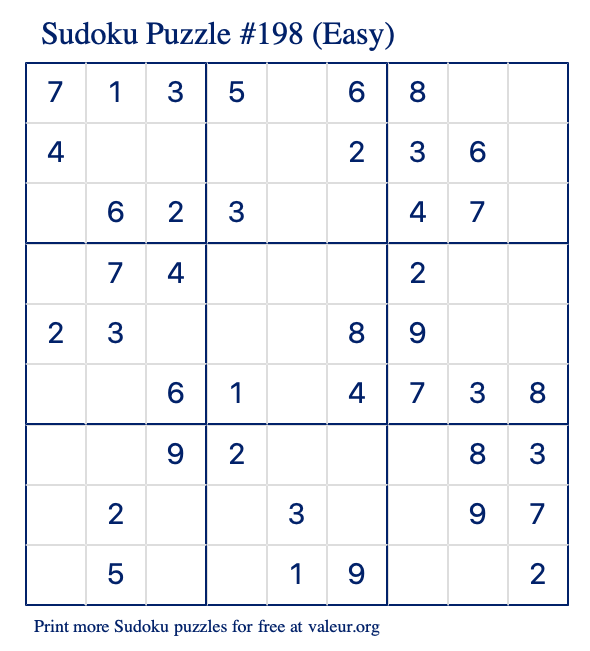 Free Printable Easy Sudoku Puzzle number 198