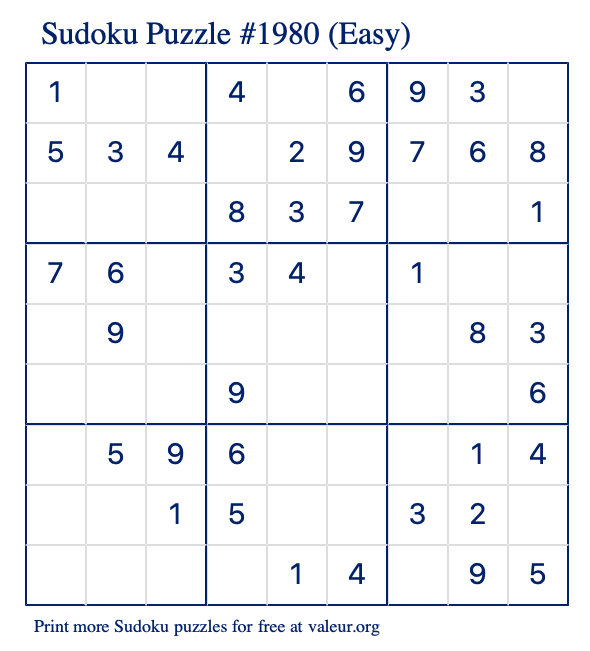 Free Printable Easy Sudoku Puzzle number 1980