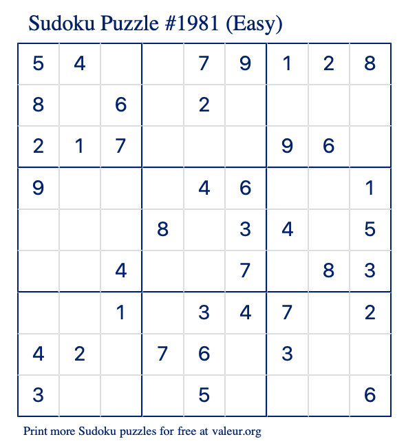 Free Printable Easy Sudoku Puzzle number 1981