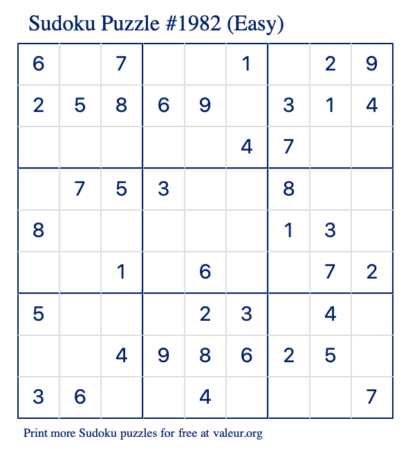 Free Printable Easy Sudoku Puzzle number 1982