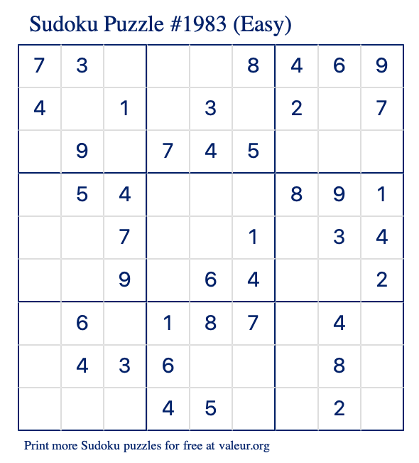 Free Printable Easy Sudoku Puzzle number 1983