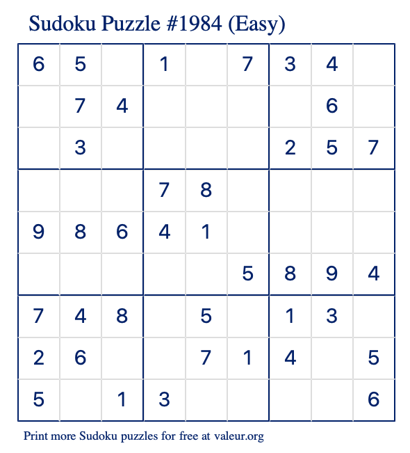 Free Printable Easy Sudoku Puzzle number 1984