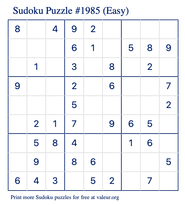 Free Printable Easy Sudoku Puzzle number 1985