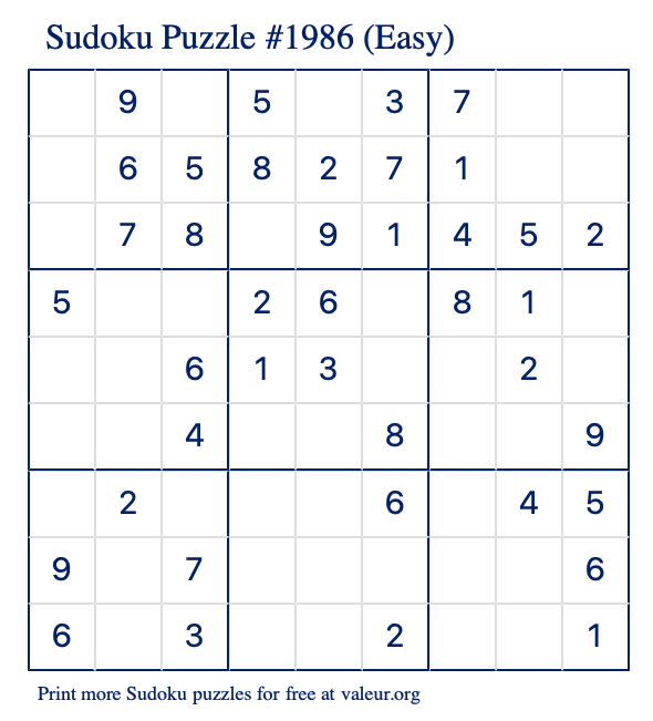 Free Printable Easy Sudoku Puzzle number 1986