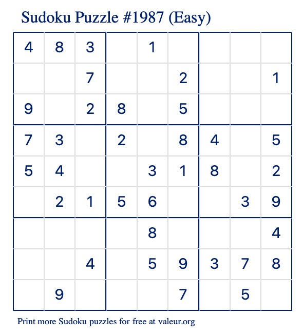 Free Printable Easy Sudoku Puzzle number 1987
