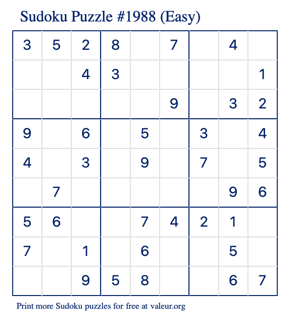 Free Printable Easy Sudoku Puzzle number 1988