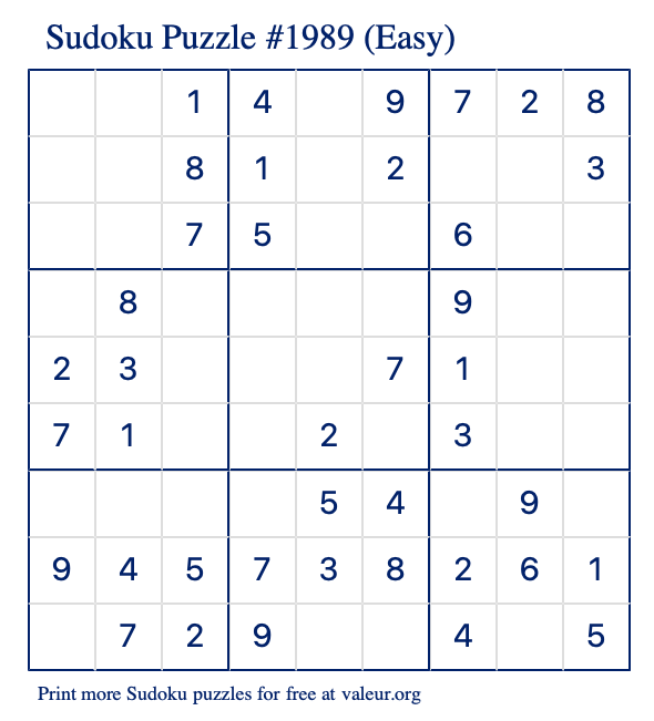 Free Printable Easy Sudoku Puzzle number 1989