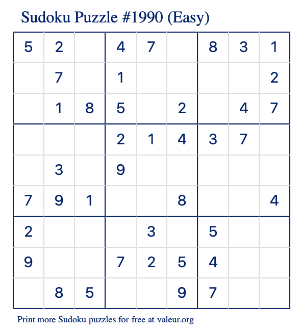 Free Printable Easy Sudoku Puzzle number 1990