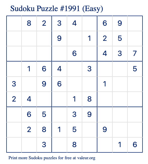 Free Printable Easy Sudoku Puzzle number 1991