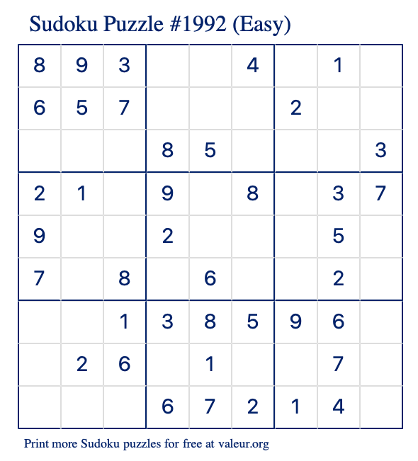 Free Printable Easy Sudoku Puzzle number 1992