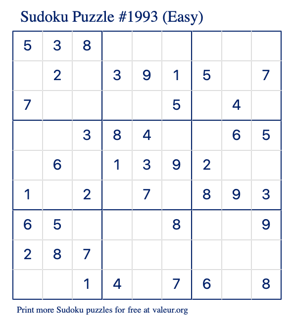 Free Printable Easy Sudoku Puzzle number 1993