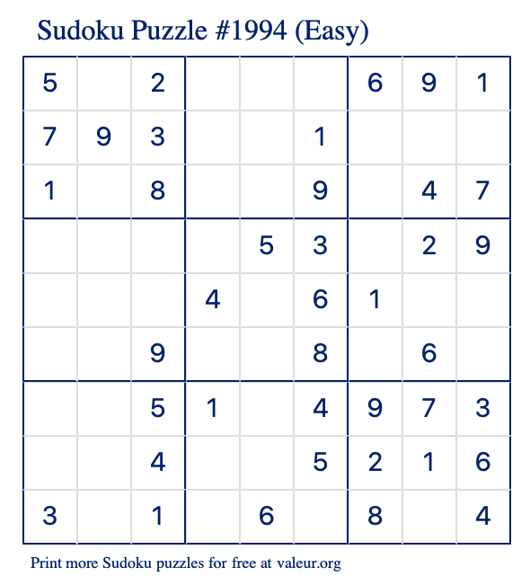 Free Printable Easy Sudoku Puzzle number 1994
