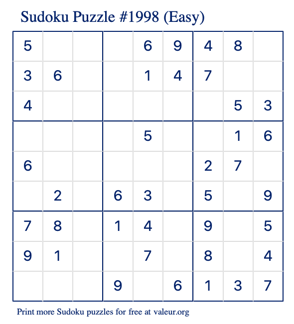 Free Printable Easy Sudoku Puzzle number 1998