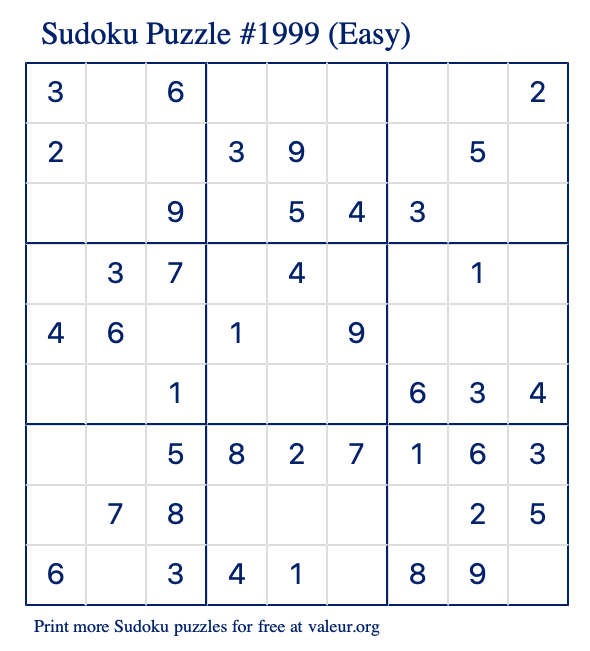 Free Printable Easy Sudoku Puzzle number 1999