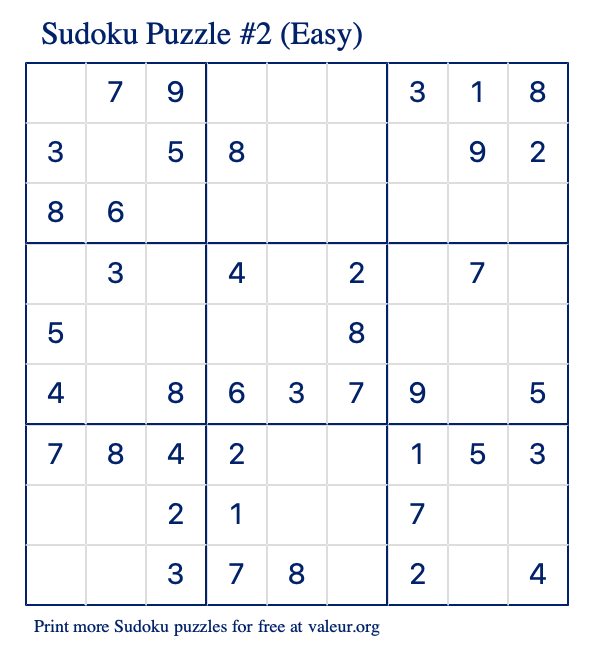 Free Printable Easy Sudoku Puzzle number 2