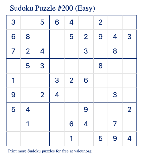 Free Printable Easy Sudoku Puzzle number 200