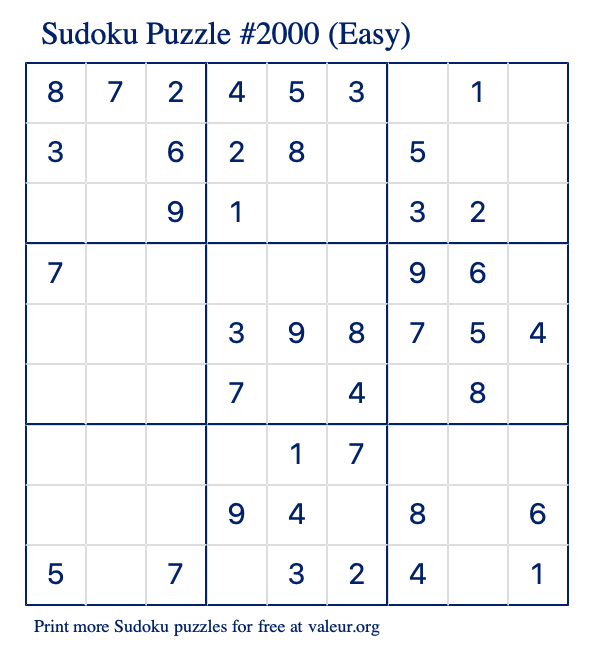 Free Printable Easy Sudoku Puzzle number 2000