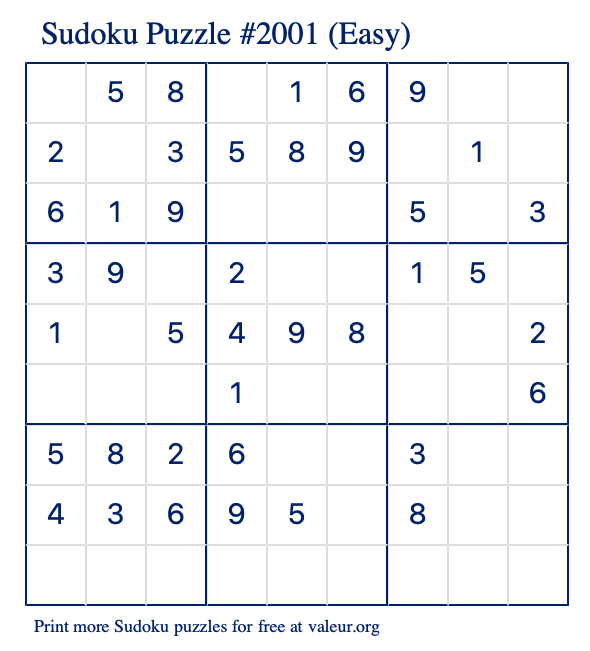 Free Printable Easy Sudoku Puzzle number 2001