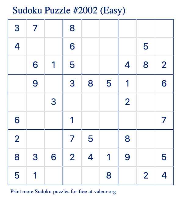 Free Printable Easy Sudoku Puzzle number 2002