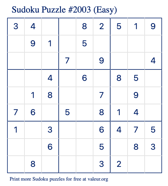 Free Printable Easy Sudoku Puzzle number 2003