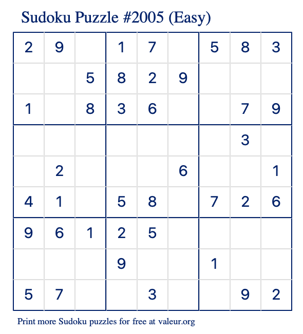 Free Printable Easy Sudoku Puzzle number 2005