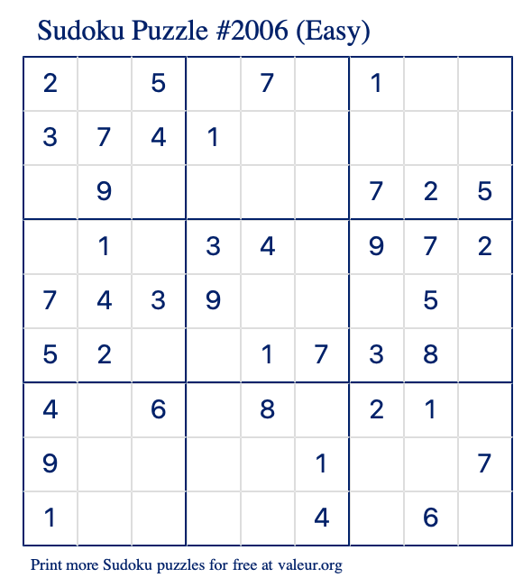 Free Printable Easy Sudoku Puzzle number 2006