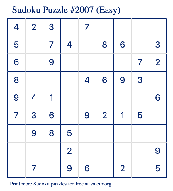 Free Printable Easy Sudoku Puzzle number 2007
