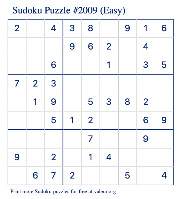 Free Printable Easy Sudoku Puzzle number 2009