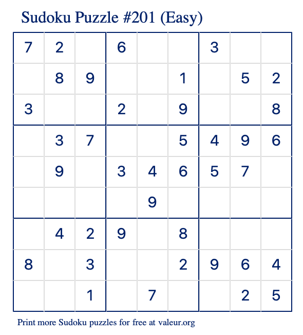 Free Printable Easy Sudoku Puzzle number 201