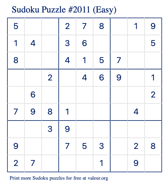 Free Printable Easy Sudoku Puzzle number 2011