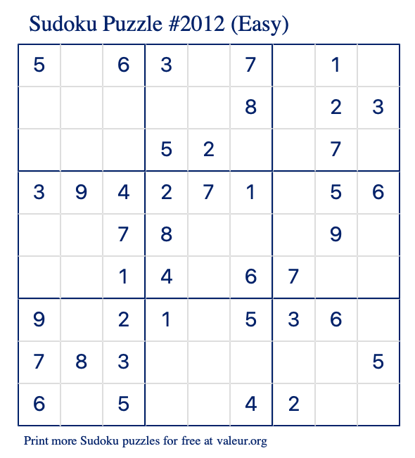 Free Printable Easy Sudoku Puzzle number 2012