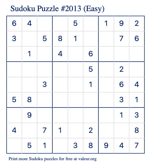 Free Printable Easy Sudoku Puzzle number 2013