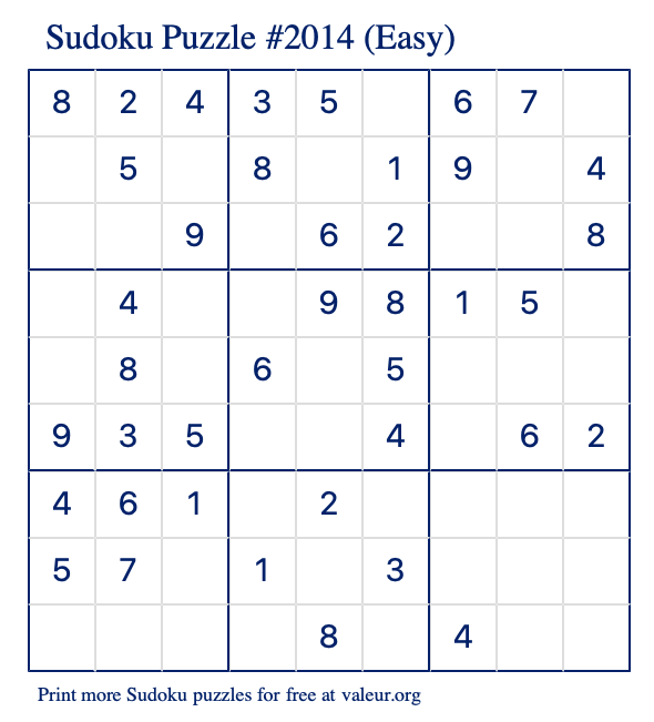 Free Printable Easy Sudoku Puzzle number 2014
