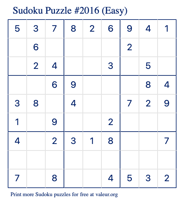 Free Printable Easy Sudoku Puzzle number 2016