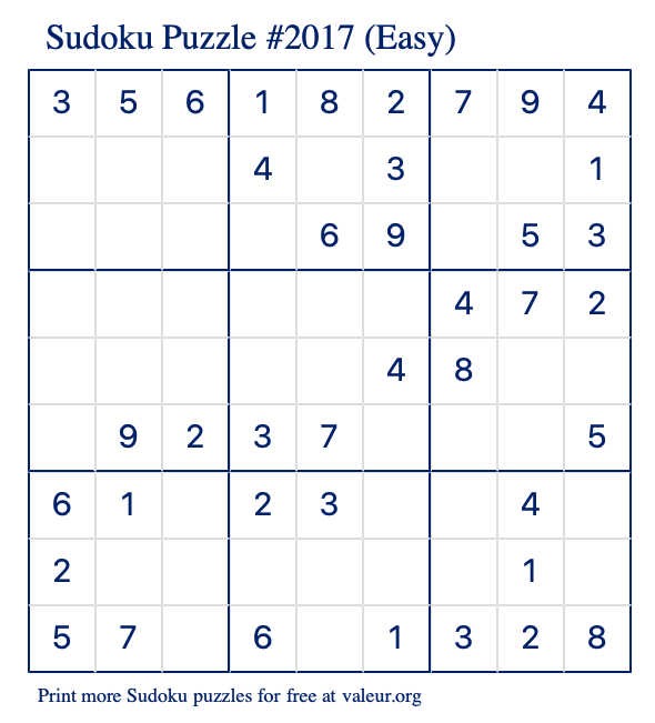 Free Printable Easy Sudoku Puzzle number 2017