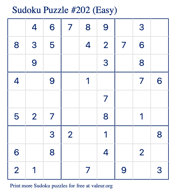 Free Printable Easy Sudoku Puzzle number 202