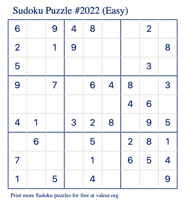 Free Printable Easy Sudoku Puzzle number 2022