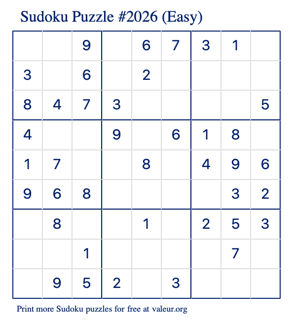 Free Printable Easy Sudoku Puzzle number 2026