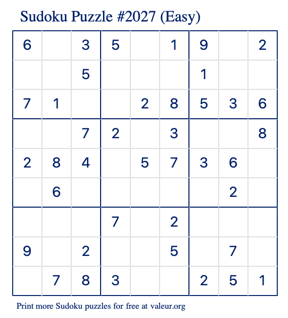 Free Printable Easy Sudoku Puzzle number 2027