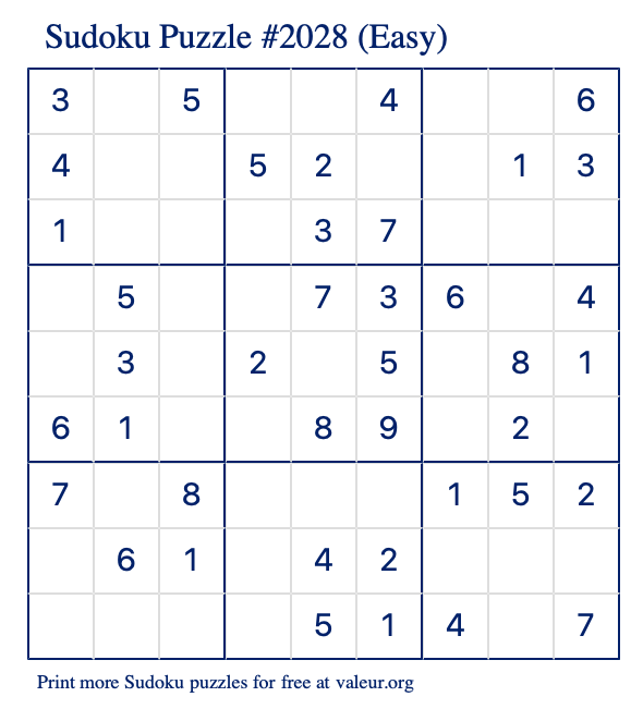 Free Printable Easy Sudoku Puzzle number 2028