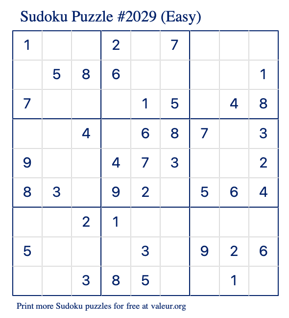 Free Printable Easy Sudoku Puzzle number 2029