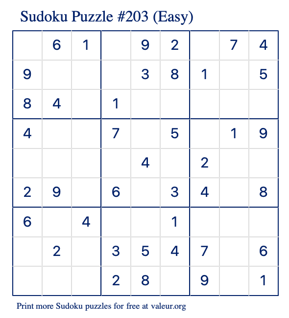 Free Printable Easy Sudoku Puzzle number 203