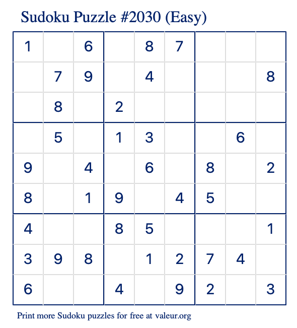 Free Printable Easy Sudoku Puzzle number 2030