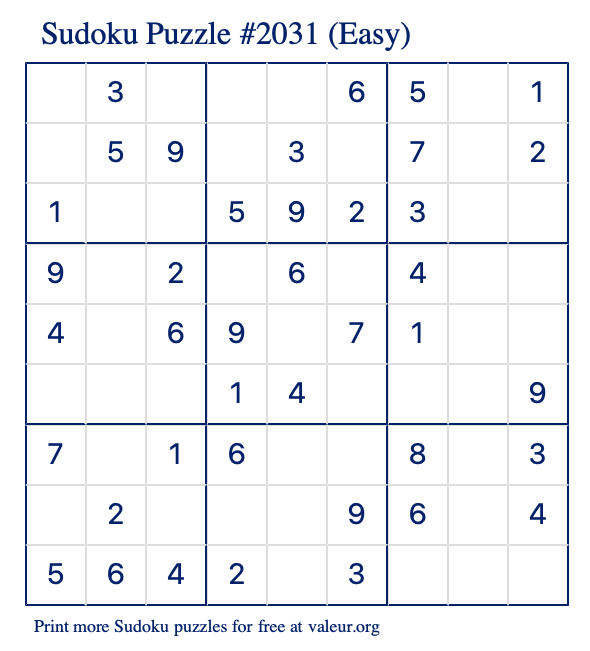 Free Printable Easy Sudoku Puzzle number 2031