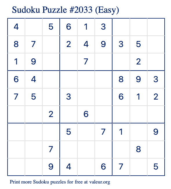 Free Printable Easy Sudoku Puzzle number 2033