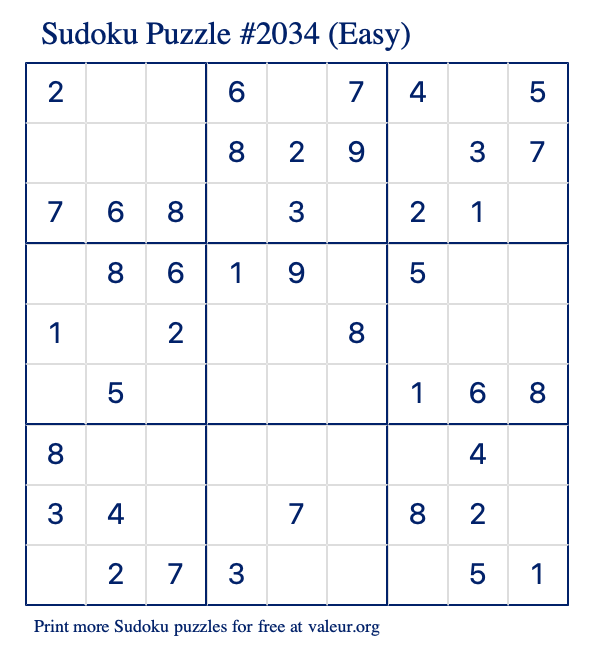 Free Printable Easy Sudoku Puzzle number 2034