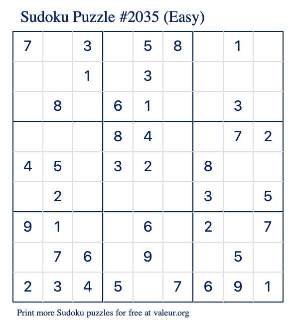 Free Printable Easy Sudoku Puzzle number 2035