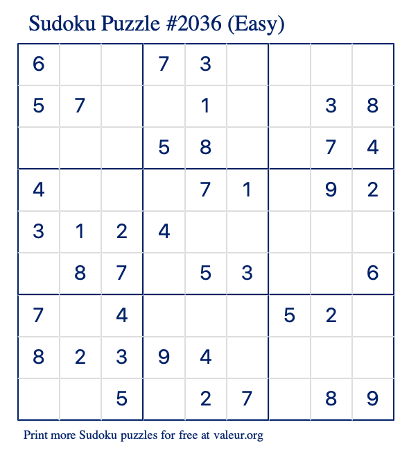 Free Printable Easy Sudoku Puzzle number 2036